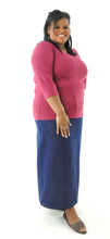 Load image into Gallery viewer, Long Jean Skirt for Womens Plus Sizes by Dressing For His Glory Our Long Jean Skirt is always in style and you will love the fit! This Long Jean Skirt for Womens Plus Size has a flat front waistband and an elastic back waist. The Jean Skirt has a fly front, change pockets and a back slit. The Long Jean Skirt is great for everyday and is durable as well as comfortable.