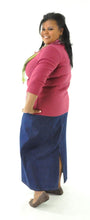 Load image into Gallery viewer, Long Jean Skirt for Womens Plus Sizes by Dressing For His Glory Our Long Jean Skirt is always in style and you will love the fit! This Long Jean Skirt for Womens Plus Size has a flat front waistband and an elastic back waist. The Jean Skirt has a fly front, change pockets and a back slit. The Long Jean Skirt is great for everyday and is durable as well as comfortable.