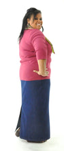 Load image into Gallery viewer, Long Jean Skirt for Womens Plus Sizes by Dressing For His Glory Our Long Jean Skirt is always in style and you will love the fit! This Long Jean Skirt for Womens Plus Size has a flat front waistband and an elastic back waist. The Jean Skirt has a fly front, change pockets and a back slit. The Long Jean Skirt is great for everyday and is durable as well as comfortable.
