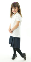 Load image into Gallery viewer, The School Uniform Skirt for Girls sizes by Dressing For His Glory has two off centered pleats in the front and back. It has a single button front closure with a small pocket. The skirt has a flat front waistband and you will love the back adjustable elastic waist. The skirt is comfortable extremely durable, stain resistant, and great looking the entire school year!