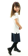 Load image into Gallery viewer, The School Uniform Skirt for Girls sizes by Dressing For His Glory has two off centered pleats in the front and back. It has a single button front closure with a small pocket. The skirt has a flat front waistband and you will love the back adjustable elastic waist. The skirt is comfortable extremely durable, stain resistant, and great looking the entire school year!