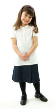 Load image into Gallery viewer, The School Uniform Skirt for Girls sizes by Dressing For His Glory has two off centered pleats in the front and back. It has a single button front closure with a small pocket. The skirt has a flat front waistband and you will love the back adjustable elastic waist. The skirt is comfortable extremely durable, stain resistant, and great looking the entire school year!