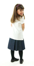 Load image into Gallery viewer, The School Uniform Skirt for Girls sizes by Dressing For His Glory has two off centered pleats in the front and back. It has a single button front closure with a small pocket. The skirt has a flat front waistband and you will love the back adjustable elastic waist. The skirt is comfortable extremely durable, stain resistant, and great looking the entire school year!