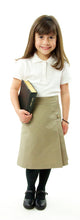 Load image into Gallery viewer, The School Uniform Skirt for Girls sizes by Dressing For His Glory has two off centered pleats in the front and back. It has a single button front closure with a small pocket. The skirt has a flat front waistband and you will love the back adjustable elastic waist. The skirt is comfortable extremely durable, stain resistant, and great looking the entire school year!