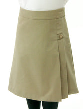 Load image into Gallery viewer, The School Uniform Skirt for Girls sizes by Dressing For His Glory has two off centered pleats in the front and back. It has a single button front closure with a small pocket. The skirt has a flat front waistband and you will love the back adjustable elastic waist. The skirt is comfortable extremely durable, stain resistant, and great looking the entire school year!