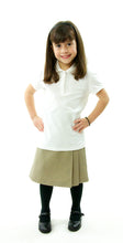 Load image into Gallery viewer, The School Uniform Skirt for Girls sizes by Dressing For His Glory has two off centered pleats in the front and back. It has a single button front closure with a small pocket. The skirt has a flat front waistband and you will love the back adjustable elastic waist. The skirt is comfortable extremely durable, stain resistant, and great looking the entire school year!