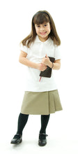 Load image into Gallery viewer, The School Uniform Skirt for Girls sizes by Dressing For His Glory has two off centered pleats in the front and back. It has a single button front closure with a small pocket. The skirt has a flat front waistband and you will love the back adjustable elastic waist. The skirt is comfortable extremely durable, stain resistant, and great looking the entire school year!