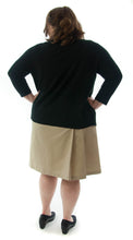 Load image into Gallery viewer, The School Uniform Skirt for Women's Plus Sizes by Dressing For His Glory has two off centered pleats in the front and back. It has a single button front closure with a small pocket. The skirt has a contour waistband and is comfortable, extremely durable, stain resistant, and great looking the entire school year!