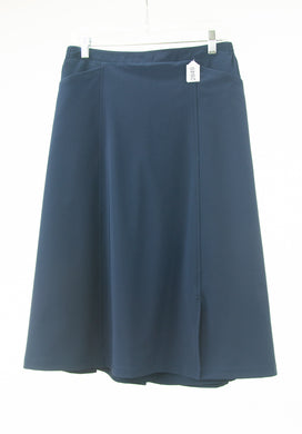 #2849 Sale Rack Item / Flare Skort / Tall Medium / Navy by Dressing For His Glory is a  skirt with loose fitting shorts underneath that are attached at the waistband.  It has a flat front waist with an elastic waistband in the back and slit pockets on each side panel. The skirt has one optional off centered slit in the front and one in the back. The skirt and shorts are made in the same fabric with the shorts being 1
