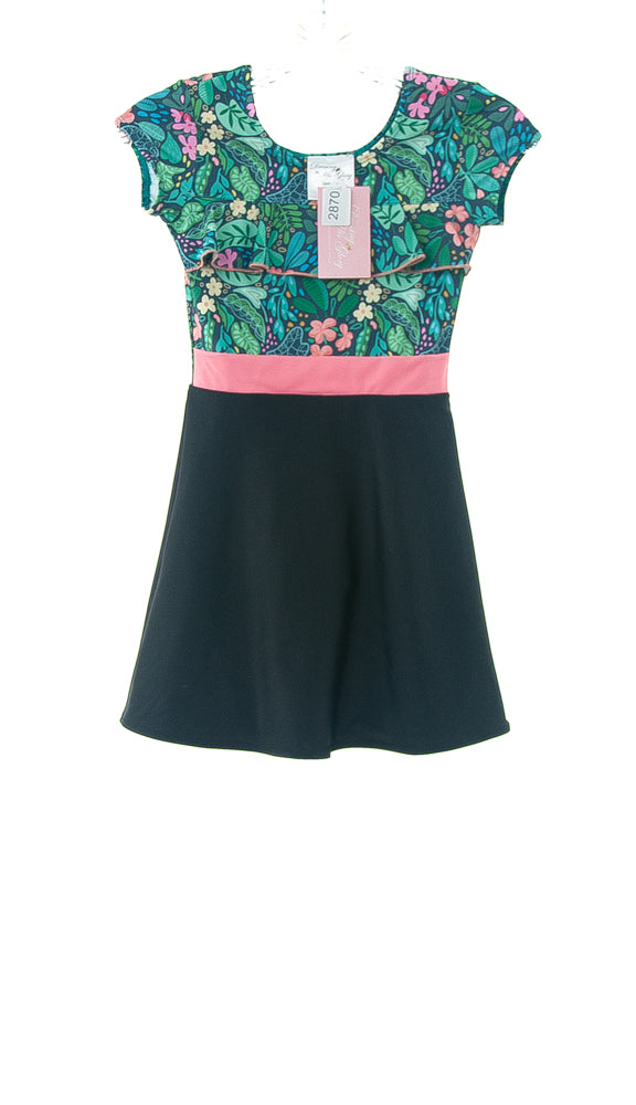 #2870 Sale Rack Item  /  Swim Dress / Girls Size 8 /  Plumeria Print / May / Black Skirt