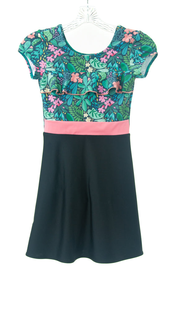 #2871 Sale Rack Item / Swim Dress / Girls Size 8 /  Plumeria Print / May / Black Skirt