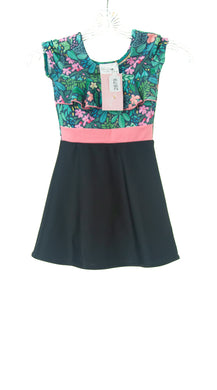 #2879 Sale Rack Item  /  Swim Dress / Girls Size 5 /  Plumeria Print / May / Black Skirt