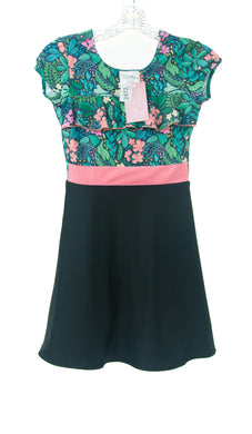 #2872 Sale Rack Item  /  Swim Dress / Girls Size 10/  Plumeria Print / May / Black Skirt