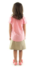 Load image into Gallery viewer, Flare Skort for Girl Sizes by Dressing For His Glory The Flare Skort is a flare skirt with loose fitting shorts underneath that are attached at the waistband.  It has a flat front waist with an elastic waistband in the back. The skirt has one optional off centered slit in the front and one in the back.   The skirt and shorts are made in the same fabric with the shorts being 1&quot; shorter than the skirt.