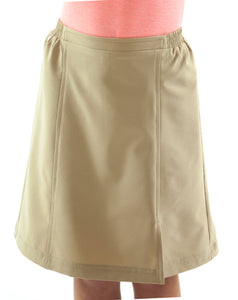 Flare Skort for Girl Sizes by Dressing For His Glory The Flare Skort is a flare skirt with loose fitting shorts underneath that are attached at the waistband.  It has a flat front waist with an elastic waistband in the back. The skirt has one optional off centered slit in the front and one in the back.   The skirt and shorts are made in the same fabric with the shorts being 1" shorter than the skirt.