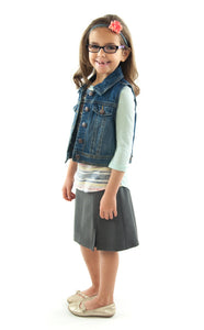 Flare Skort for Girl Sizes by Dressing For His Glory The Flare Skort is a flare skirt with loose fitting shorts underneath that are attached at the waistband.  It has a flat front waist with an elastic waistband in the back. The skirt has one optional off centered slit in the front and one in the back.   The skirt and shorts are made in the same fabric with the shorts being 1" shorter than the skirt.
