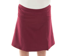 Load image into Gallery viewer, Flare Skort for Girls Plus Sizes by Dressing For His Glory The Flare Skort is a flare skirt with loose fitting shorts underneath that are attached at the waistband.  It has a flat front waist with an elastic waistband in the back. The skirt has one optional off centered slit in the front and one in the back.  The skirt and shorts are made in the same fabric with the shorts being 1&quot; shorter than the skirt.