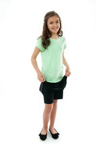 Knit Skort for Girl Sizes by Dressing For His Glory The Knit Skort is made with top quality anti-pill knit fabric and is extremely comfortable and it feels great to wear! the Flare Skort is a flare skirt, front and back, with loose fitting shorts underneath and it has a smooth elastic waist. The short are are 1" shorter than the skirt and are made in the same anti-pill knit fabric.