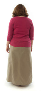 Long Corneado Skirt in Womens Plus Sizes by Dressing For His Glory    The Long Corneado (korneˈados) Skirt is still a favorite of many! If you love long skirts, you will love the Corneado Skirt. It is a slightly flared skirt with a fly front, side panels and slit pockets. It has a flat front waistband and an elastic waistband in the back. 