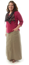 Load image into Gallery viewer, Long Corneado Skirt in Womens Plus Sizes by Dressing For His Glory    The Long Corneado (korneˈados) Skirt is still a favorite of many! If you love long skirts, you will love the Corneado Skirt. It is a slightly flared skirt with a fly front, side panels and slit pockets. It has a flat front waistband and an elastic waistband in the back. 