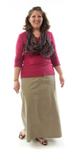 Load image into Gallery viewer, Long Corneado Skirt in Womens Plus Sizes by Dressing For His Glory    The Long Corneado (korneˈados) Skirt is still a favorite of many! If you love long skirts, you will love the Corneado Skirt. It is a slightly flared skirt with a fly front, side panels and slit pockets. It has a flat front waistband and an elastic waistband in the back. 