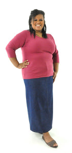 Long Jean Skirt for Womens Plus Sizes by Dressing For His Glory Our Long Jean Skirt is always in style and you will love the fit! This Long Jean Skirt for Womens Plus Size has a flat front waistband and an elastic back waist. The Jean Skirt has a fly front, change pockets and a back slit. The Long Jean Skirt is great for everyday and is durable as well as comfortable. 