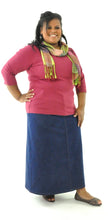 Load image into Gallery viewer, Long Jean Skirt for Womens Plus Sizes by Dressing For His Glory Our Long Jean Skirt is always in style and you will love the fit! This Long Jean Skirt for Womens Plus Size has a flat front waistband and an elastic back waist. The Jean Skirt has a fly front, change pockets and a back slit. The Long Jean Skirt is great for everyday and is durable as well as comfortable. 