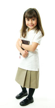 Load image into Gallery viewer, The School Uniform Skirt for Girls sizes by Dressing For His Glory has two off centered pleats in the front and back. It has a single button front closure with a small pocket. The skirt has a flat front waistband and you will love the back adjustable elastic waist. The skirt is comfortable extremely durable, stain resistant, and great looking the entire school year!