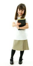 Load image into Gallery viewer, The School Uniform Skirt for Girls sizes by Dressing For His Glory has two off centered pleats in the front and back. It has a single button front closure with a small pocket. The skirt has a flat front waistband and you will love the back adjustable elastic waist. The skirt is comfortable extremely durable, stain resistant, and great looking the entire school year!