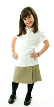 Load image into Gallery viewer, The School Uniform Skirt for Girls sizes by Dressing For His Glory has two off centered pleats in the front and back. It has a single button front closure with a small pocket. The skirt has a flat front waistband and you will love the back adjustable elastic waist. The skirt is comfortable extremely durable, stain resistant, and great looking the entire school year!