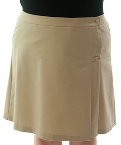 The School Uniform Skirt for Women's Plus Sizes by Dressing For His Glory has two off centered pleats in the front and back. It has a single button front closure with a small pocket. The skirt has a contour waistband and is comfortable, extremely durable, stain resistant, and great looking the entire school year! 
