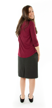 Load image into Gallery viewer, Short Straight Knit Skirt for Junior Sizes by Dressing For His Glory  You are going to love the feel and comfort of our Short Straight Knit Skirt. Made in a double knit fabric, it is great for fall, winter and even spring time weather. No more clinging to your stocking or tights since it is fully lined in a soft tricot fabric. It has a smooth elastic waistband and a small back slit. This skirt has a beautiful straight look without going all in at the hem. Easy to wear and wash!