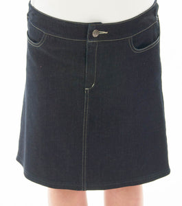 Short Jean Skirt for Girls Plus Size by Dressing For His Glory  Short Jean skirts are always in style! You will love our short Jean skirt for its adjustable waistband for girls. It will adjust to fit them perfectly! It has a front fly zipper opening, change pockets and does not have a back slit. It is a great everyday skirt that is durable and comfortable. And it has been pre washed.