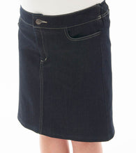Load image into Gallery viewer, Short Jean Skirt for Girls Plus Size by Dressing For His Glory  Short Jean skirts are always in style! You will love our short Jean skirt for its adjustable waistband for girls. It will adjust to fit them perfectly! It has a front fly zipper opening, change pockets and does not have a back slit. It is a great everyday skirt that is durable and comfortable. And it has been pre washed.