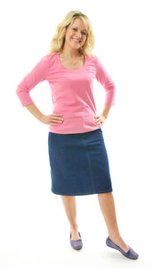 Short Jean Skirt for Ladies Sizes by Dressing For His Glory Our Short Jean Skirt is always in style and you will love our it! Our Short Jean Skirt has a contour waistband  that fits just above the hip bone. It has a front fly zipper opening, change pockets and does not have a back slit. You also have the option of ordering yours with a back welt pocket! The Short Jean Skirt is great for everyday and is durable as well as comfortable. And it has been pre-washed so you won't have to worry about shrinkage!