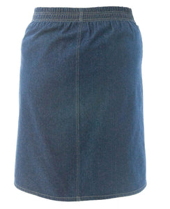 Short Jean Skirt for Womens Plus Sizes by Dressing For His Glory Our Short Jean Skirt is always in style and you will love our it! The skirt has a flat waistband in the front and an elastic waistband in the back.  Our jean skirt has a front fly zipper opening, change pockets and does not have a back slit. The Short Jean Skirt is great for everyday and is durable as well as comfortable. And it has been pre-washed so you won't have to worry about shrinkage.