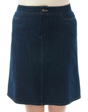 Load image into Gallery viewer, Short Jean Skirt for Womens Plus Sizes by Dressing For His Glory Our Short Jean Skirt is always in style and you will love our it! The skirt has a flat waistband in the front and an elastic waistband in the back.  Our jean skirt has a front fly zipper opening, change pockets and does not have a back slit. The Short Jean Skirt is great for everyday and is durable as well as comfortable. And it has been pre-washed so you won&#39;t have to worry about shrinkage.