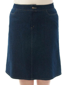 Short Jean Skirt for Womens Plus Sizes by Dressing For His Glory Our Short Jean Skirt is always in style and you will love our it! The skirt has a flat waistband in the front and an elastic waistband in the back.  Our jean skirt has a front fly zipper opening, change pockets and does not have a back slit. The Short Jean Skirt is great for everyday and is durable as well as comfortable. And it has been pre-washed so you won't have to worry about shrinkage.
