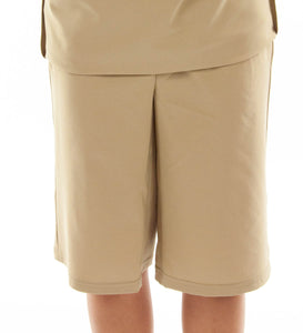 The Straight Skort for Junior Sizes by Dressing For His Glory is a straight cut skirt with loose fitting shorts underneath and are attached at the waist. It has slits on each side seam for easy leg movement and an elastic waistband. The shorts are made of the same fabric and are 1" shorter than the outer layer skirt.