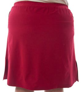 Back view: The Straight Skort for Women's Plus Sizes is a straight cut skirt with loose fitting shorts underneath and are attached at the waist. The skort has slits on each side seam for easy leg movement, an elastic waistband and optional side seam slit pockets. 