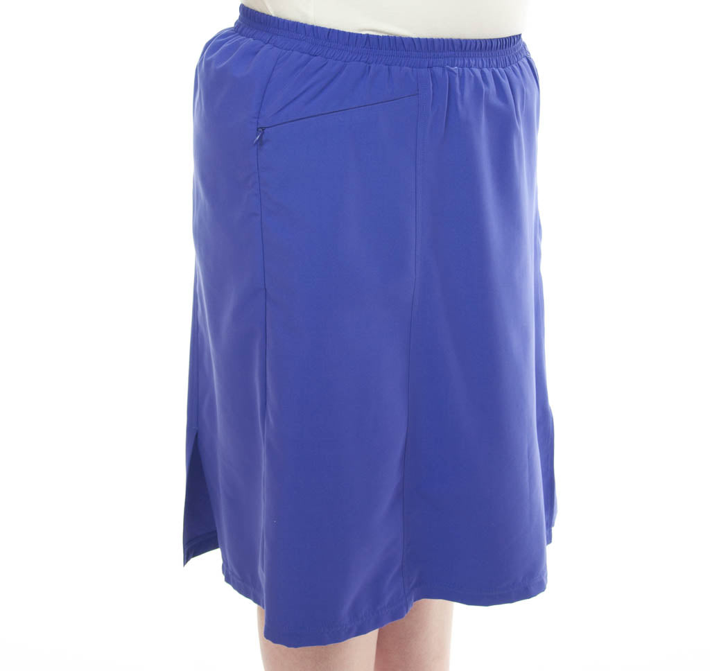 Swim Flare Skort for Womens Plus Sizes by Dressing For His Glory  Are you looking for durability when shopping for modest swimwear?  Well, our Swim Flare Skort is not only durable but modest and comfortable! This skort is slightly flared giving you extra leg room to swim and looks like a skirt both front and back. It has loose fitting knit shorts underneath and are attached at the waist. The skirt has two zipper pockets on the side panels to store your keys.