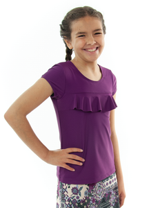 Swim Tee for Girls by Dressing For His Glory  Our Swim Tees are made in top quality, fast drying swimwear knit fabric. The fabric is chlorine resistant, cool and comfortable. The swim tee is fully lined and helps to prevent clinging. It has a scooped neck and a choice of a cap sleeves or a longer length sleeve. It also has a beautiful ruffle across the yoke.