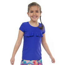 Load image into Gallery viewer, Swim Tee for Girls by Dressing For His Glory  Our Swim Tees are made in top quality, fast drying swimwear knit fabric. The fabric is chlorine resistant, cool and comfortable. The swim tee is fully lined and helps to prevent clinging. It has a scooped neck and a choice of a cap sleeves or a longer length sleeve. It also has a beautiful ruffle across the yoke.