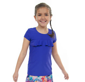 Swim Tee for Girls by Dressing For His Glory  Our Swim Tees are made in top quality, fast drying swimwear knit fabric. The fabric is chlorine resistant, cool and comfortable. The swim tee is fully lined and helps to prevent clinging. It has a scooped neck and a choice of a cap sleeves or a longer length sleeve. It also has a beautiful ruffle across the yoke.