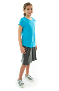 The Walking Culotte for Girls by Dressing For His Glory is a straight cut culotte. It has an elastic waistband and slit pockets. The culotte is extremely durable as well as comfortable. Perfect for hiking, bike riding, soccer games or just about any activity you have in mind!
