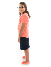 Load image into Gallery viewer, Short Jean Skirt for Girls Plus Size by Dressing For His Glory  Short Jean skirts are always in style! You will love our short Jean skirt for its adjustable waistband for girls. It will adjust to fit them perfectly! It has a front fly zipper opening, change pockets and does not have a back slit. It is a great everyday skirt that is durable and comfortable. And it has been pre washed.